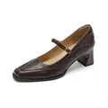 Retro dark brown Mary Jane shoes with square toe, block heel and gold buckle strap - EU 34 / Brown