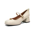 Elegant off-white Mary Jane pumps with block heels and golden camellia flower metal trim - EU 34 / Apricot