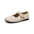 Retro cream Mary Jane flats for kids with brogue perforations and double buckle straps - EU 35 / Apricot