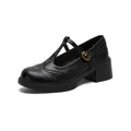 Classic black Brogue Mary Jane shoes with T-strap and chunky heels on white background - EU 34 / Black