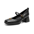 Elegant black Mary Jane shoes with square block heel and gold rose ornament accent - EU 34 / Black