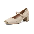 Zapatos Mary Jane de ante beige con punta cuadrada, puntera dorada y detalles de remaches - EU 34 / Albaricoque