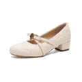 Quilted camellia Mary Jane block heels in beige with vintage flower buckle - EU 34 / Apricot