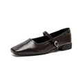 Dark brown square toe Mary Jane flat shoes with glossy finish and silver buckle strap - EU 35 / Brown