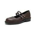 Dark brown retro Mary Jane shoes with brogue carving details and double buckle straps - EU 35 / Brown