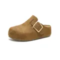 Vintage brown suede platform clogs for women featuring adjustable metal buckle hardware - EU 35 / Camel