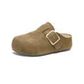 Brown suede platform clogs with adjustable gold buckle and retro perforated detailing - EU 35 / Khaki