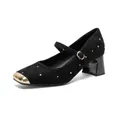Zapatos Mary Jane negros de punta cuadrada con puntera dorada y tacón ancho retro - EU 34 / Negro