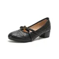 Quilted black leather Mary Jane shoes with chic bow and golden floral metal buckle - EU 34 / Black
