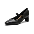 Classic black Mary Jane pumps with block heels and gold buckle strap on white background - EU 34 / Black