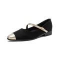 Classic black suede Mary Jane shoes with elegant gold cap toe and adjustable buckle strap - EU 35 / Black