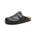 Black leather clogs with brogue carvings and vintage metal buckle on cork sole - EU 35 / Black