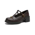 Deep brown leather T-strap Mary Jane shoes with gold flower detail and chunky heels - EU 34 / Brown