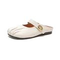 Chic cream leather pointed-toe mules with pleated texture and golden buckle strap - EU 35 / Apricot