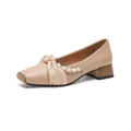 Elegant beige square toe Mary Jane pumps with pearl chain and silk bow decoration - EU 35 / Khaki