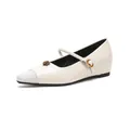 White leather Mary Jane flat with grey faux fur toe and gold vintage rose detail - EU 35 / Beige