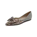 Elegant pointed toe flats with silver glitter finish and rhinestone bow decoration - EU 34 / Gold