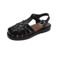 Retro black woven leather gladiator sandals with thick rubber sole and ankle strap buckle - EU 35 / Black