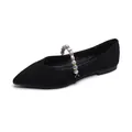 Elegant black pointed toe flats with pearl strap and ribbed knit texture for women - EU 34 / Black