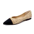 Elegant pointed-toe flat tweed shoes with black contrast cap and gold chain detail - EU 34 / Apricot