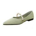 Light green pointed toe Mary Jane flat shoes with pearl strap and textured surface - 34 / Green