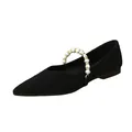 Elegant black pointed-toe flat Mary Janes with pearl and rhinestone embellished strap - 34 / Black