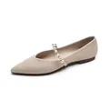 Elegant pointed-toe flat Mary Janes in beige with pearl strap and textured fabric - EU 34 / Apricot