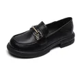Classic black leather platform loafers with chunky sole and golden metal buckle accent - EU 34 / Black