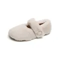 Cream faux fur Mary Jane flat shoes with plush strap and decorative button on white backdrop - 38 / Off White