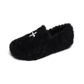 Plush black round-toe loafers with white cross buckle and soft fleece lining - 34 / Black