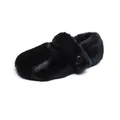 Plush faux fur flat shoes with strap and button detail in deep black color - 35 / Black