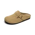 Khaki suede leather clogs for women featuring adjustable bronze buckles and non-slip soles - EU 38 / Apricot
