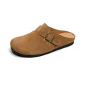 Brown suede leather clogs with adjustable metal buckle and non-slip sole in retro style - EU 38 / Acorn