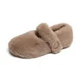 Brown faux fur Mary Jane flat shoes with button strap and warm plush lining - 35 / Khaki