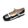 Silver and black Mary Jane flats with pearl chain strap and classic round toe design - EU 34 / Silver