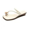 Beige thong sandals for women with gold metal disc and low wood grain wedge heel - EU 35 / Apricot