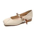 Square toe beige Mary Jane flats with silk scarf chain and pearl accent detail - EU 35 / Apricot