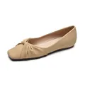 Women's beige square toe ballet flats with elegant twisted knot detail and soft sole - EU 34 / Khaki