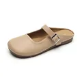 Classic beige round toe leather mule with adjustable silver buckle strap for women - EU 35 / Khaki