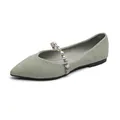 Elegant light green pointed-toe flat shoes with pearl strap and ribbed texture fabric - EU 34 / Green