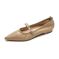 Khaki pointed toe Mary Jane flats featuring elegant pearl and gold chain strap detail - EU 35 / Khaki