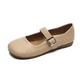 Classic beige Mary Jane flat shoes with round toe and silver buckle closure - EU 35 / Khaki