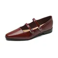 Classic pointed-toe burgundy Mary Jane flat shoe with double adjustable buckled straps - EU 35 / Burgundy