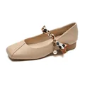 Beige square-toe Mary Jane flats with silk scarf chain strap and pearl charm - EU 35 / Khaki