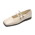 Retro square toe Mary Jane flats in beige faux leather with double silver buckle straps - EU 35 / Apricot