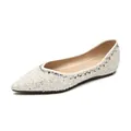 Elegant white pointed toe flats with pearl sequins and silver studs on a clean background - EU 35 / Pointed Toe