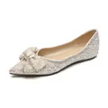 Elegant champagne glitter pointed-toe flats with white pearls and bow detail - EU 35 / Pointed Toe