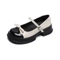 French style thick platform Mary Jane shoes with cream leather and black pearl bow detail - EU 34 / Apricot