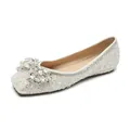 Elegant white ballet flats with crystal butterfly bow and sparkling rhinestones - EU 35 / Square Toe