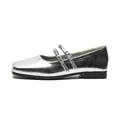 Silver metallic square toe Mary Jane flat shoes with dual adjustable buckles on white background - EU 35 / Silver